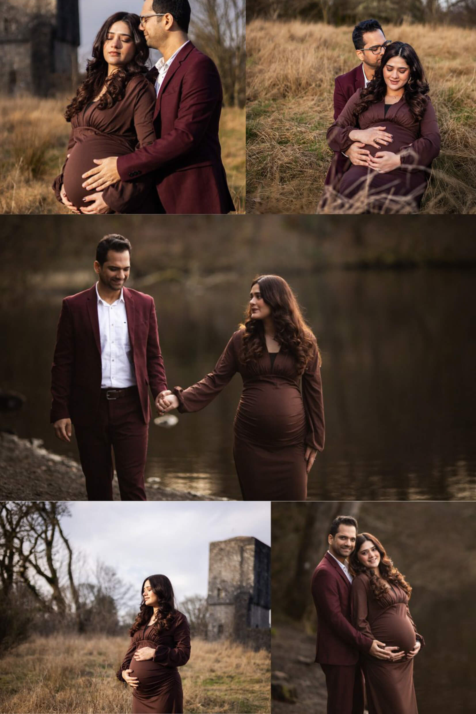 Winter maternity photography collage in Mugdock Country Park featuring expectant parents enjoying a peaceful outdoor session.