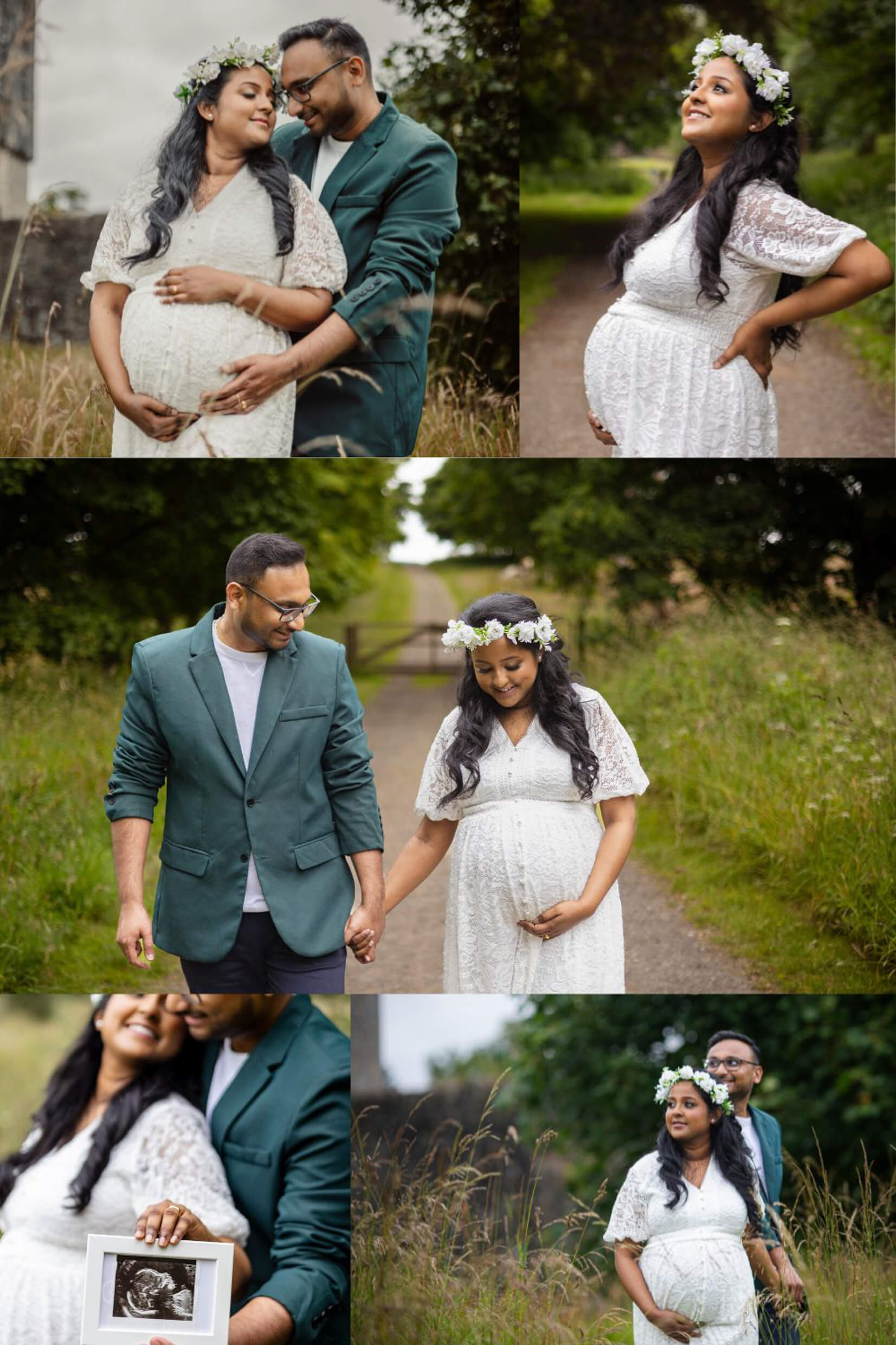 Summer maternity photography collage featuring expectant parents in the natural surroundings of Mugdock Country Park.