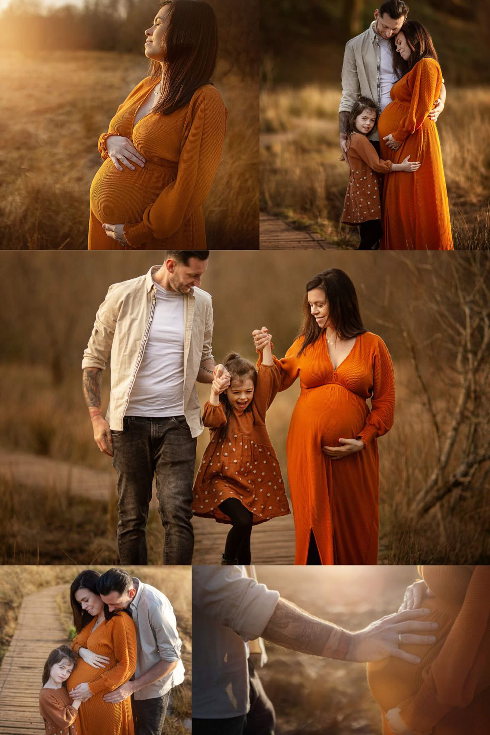 Family maternity photography collage with expectant parents and their daughter surrounded by golden autumn colours.
