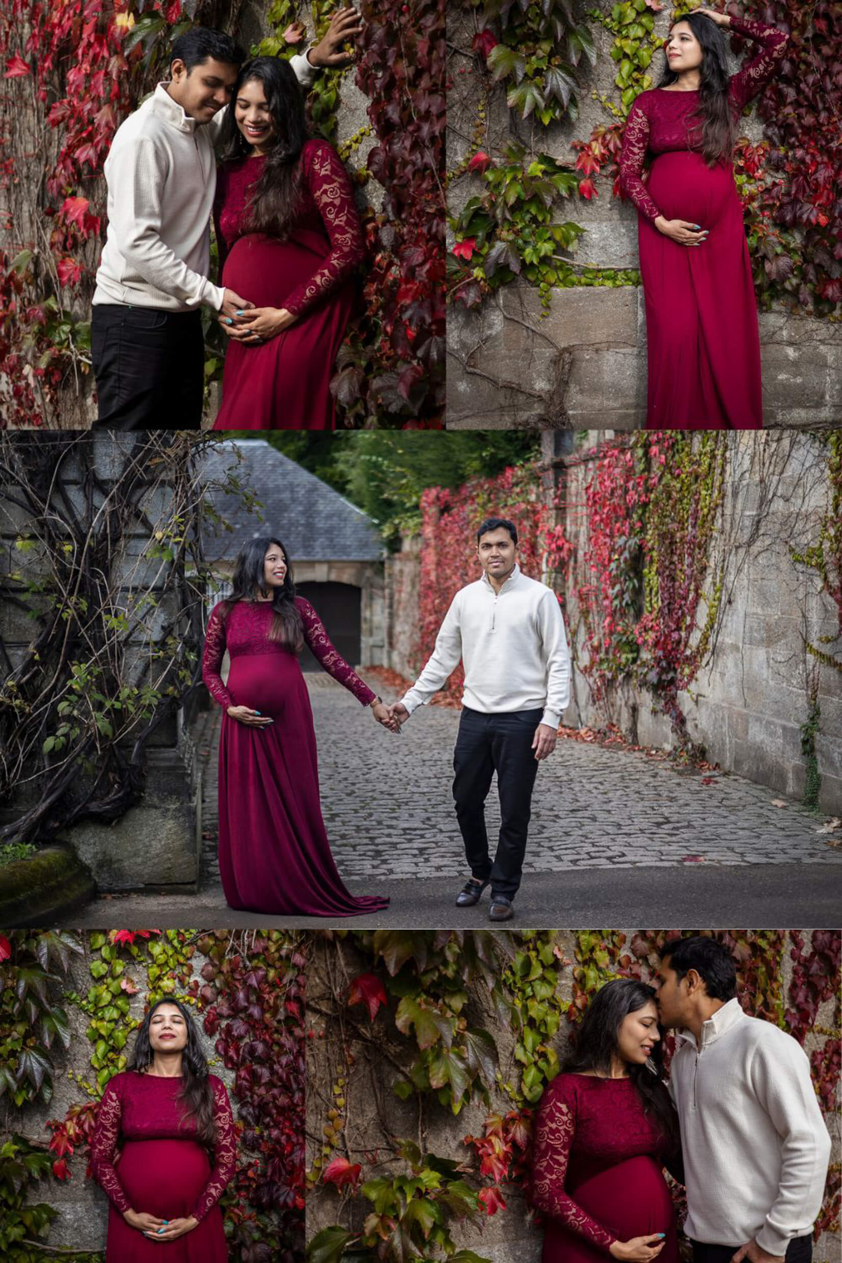 Autumn maternity photography collage featuring expectant parents surrounded by vibrant seasonal colours at Pollok Country Park