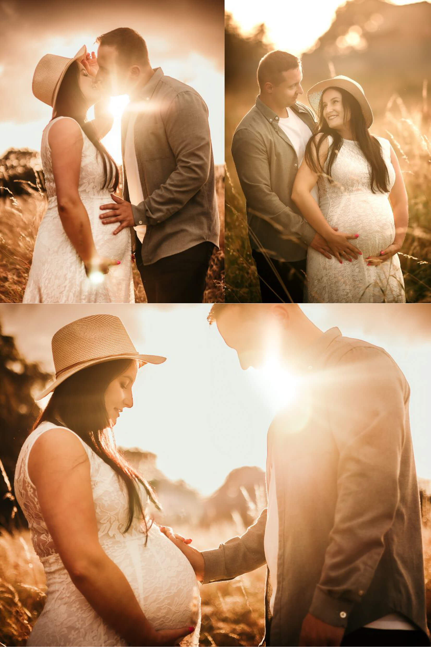 Maternity photography collage featuring an expectant couple at sunset in Cardowan Moss, Scotland.