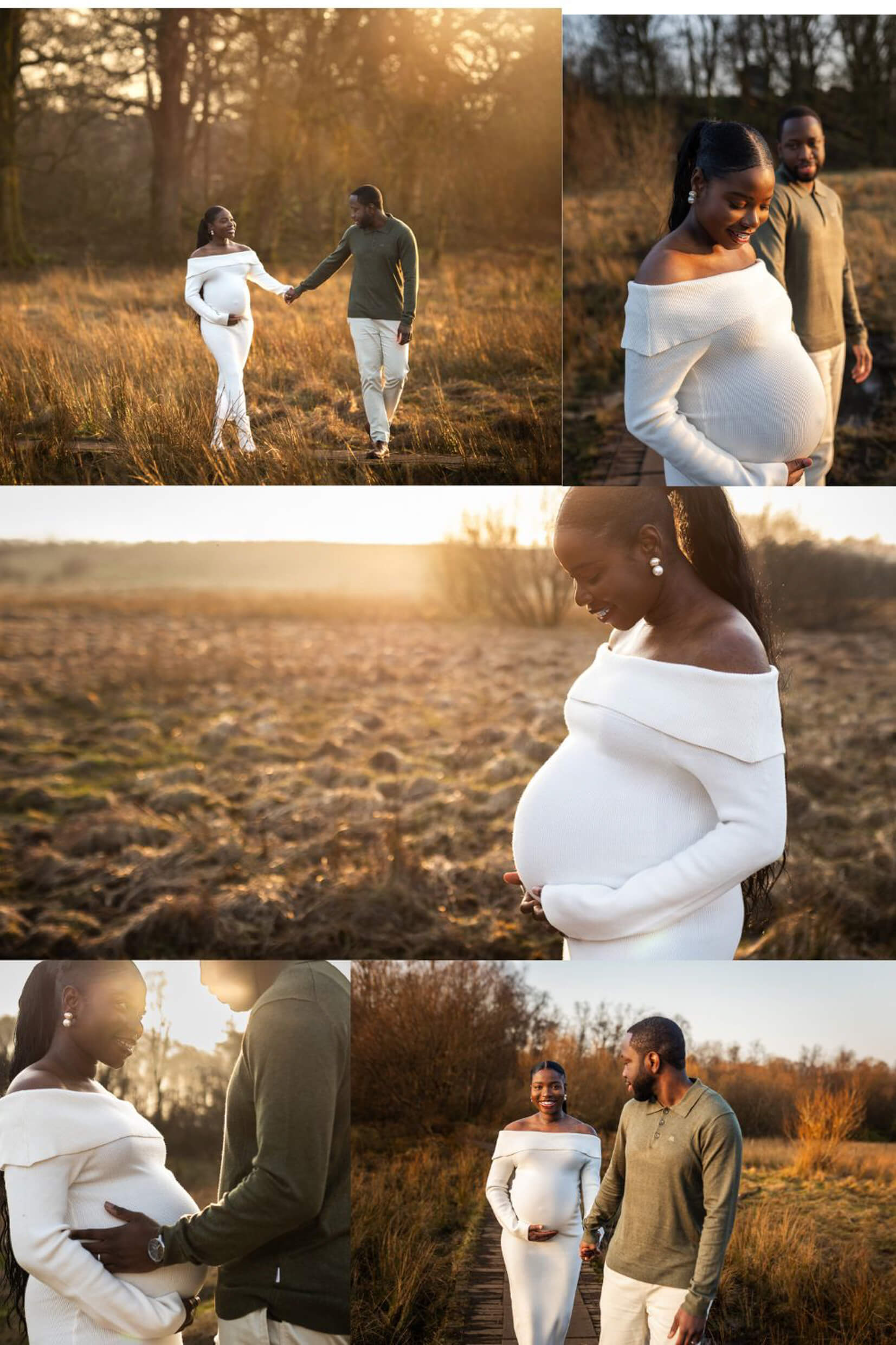 Outdoor maternity photography collage capturing authentic moments between expectant parents at the sunset in Mugdock Country Park.