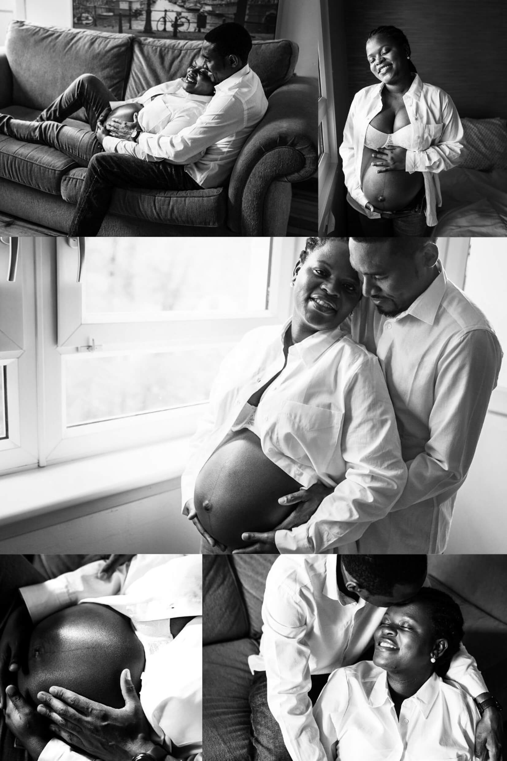 Black and white maternity photography collage capturing intimate moments between expectant parents at home.