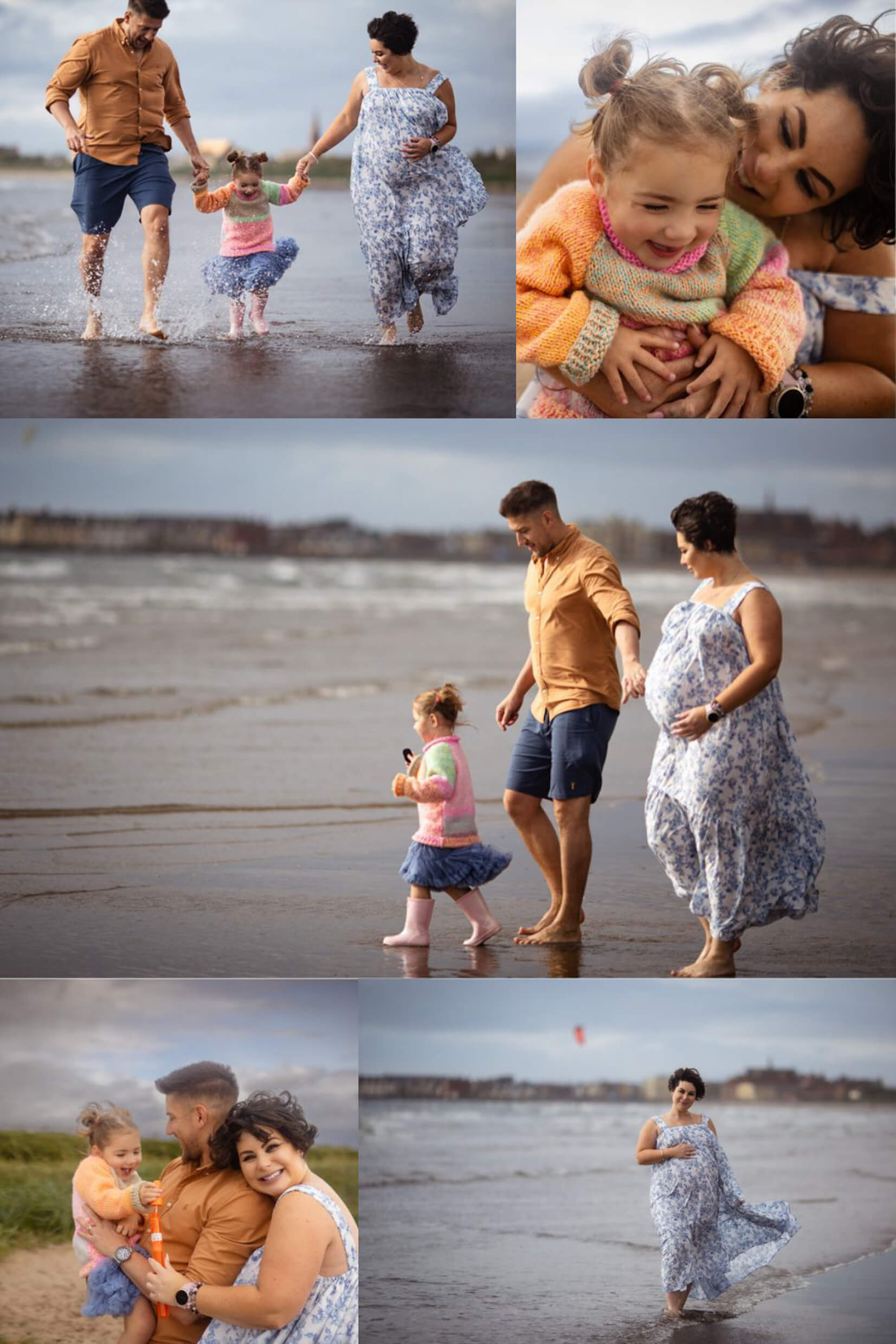Beach maternity photography collage featuring expectant parents and their young daughter enjoying time by the sea.