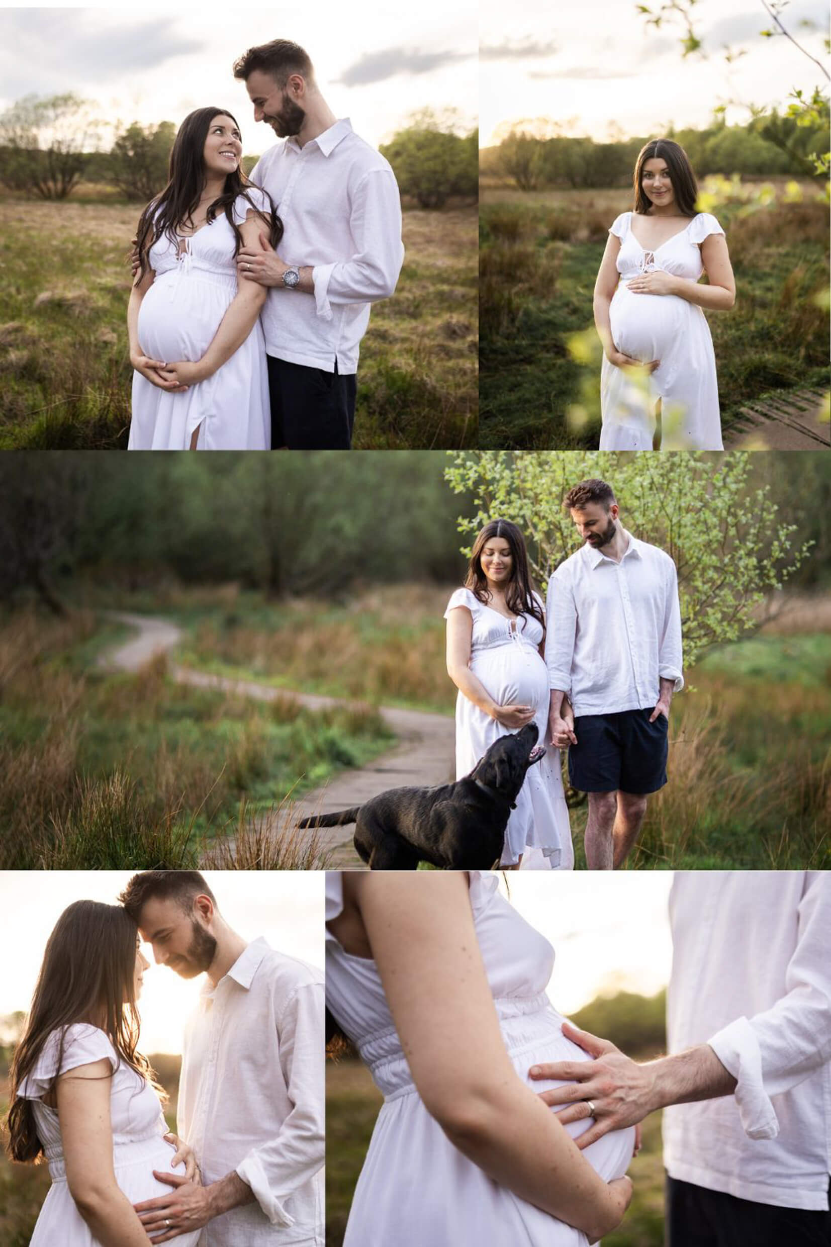 Maternity photoshoot with expectant parents and their dog in Mugdock Country Park, celebrating family life and a new arrival.
