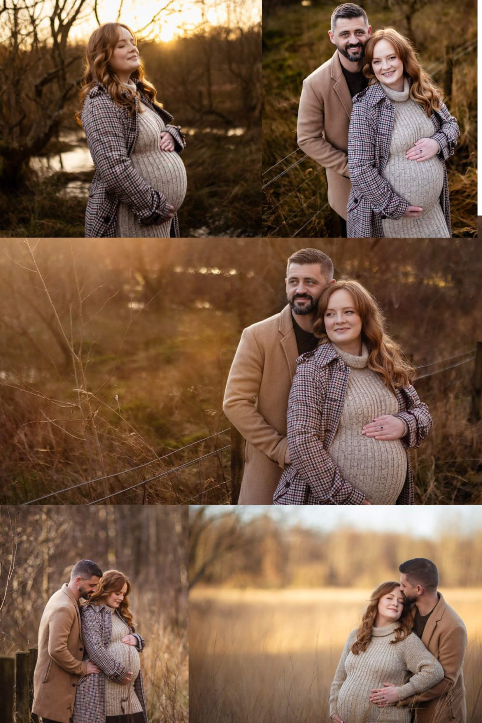 Winter maternity photography collage of expectant parents enjoying a peaceful outdoor session in Cardowan Moss.