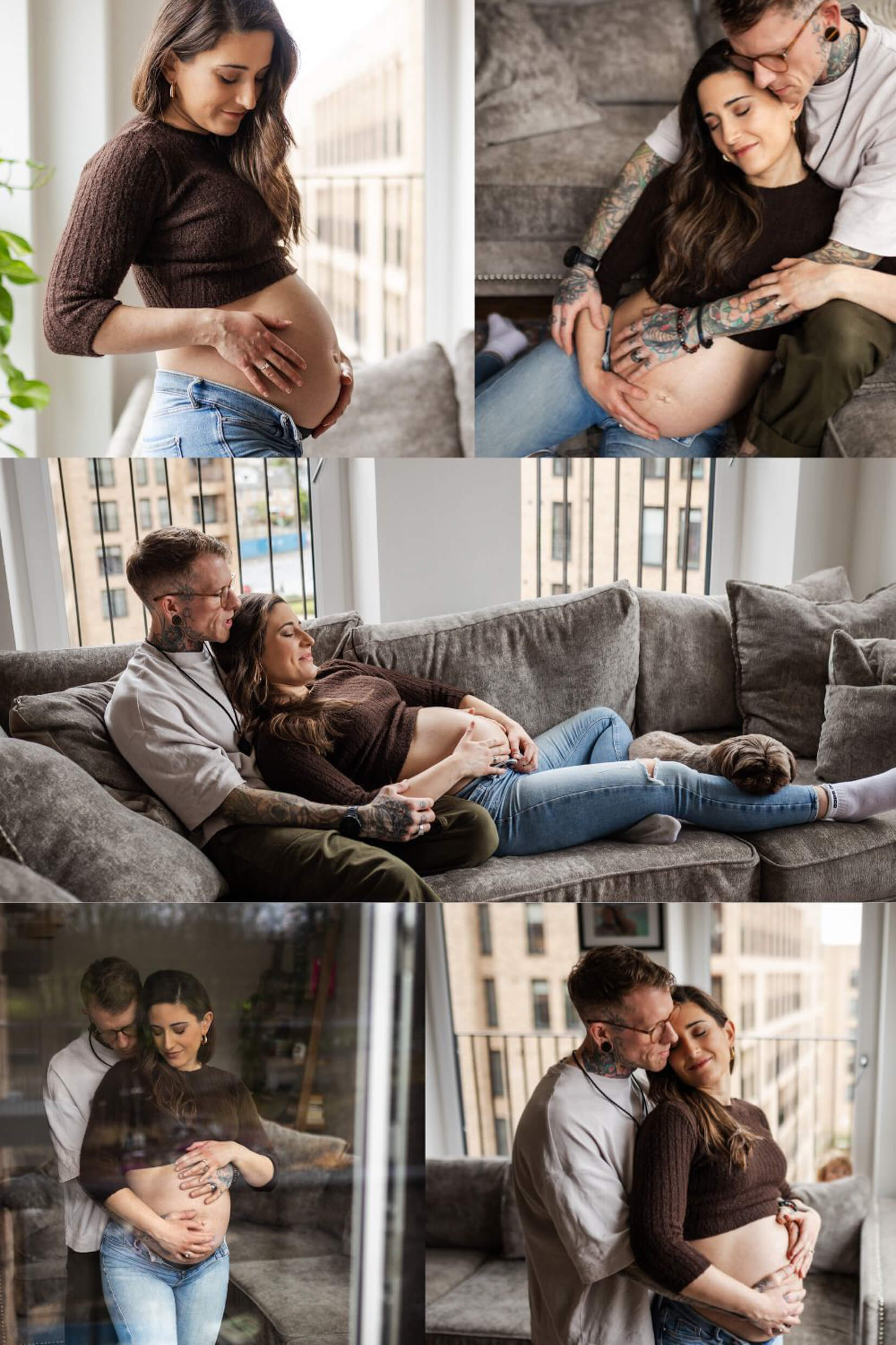 In-home maternity photography collage capturing intimate moments between expectant parents in a relaxed family setting.
