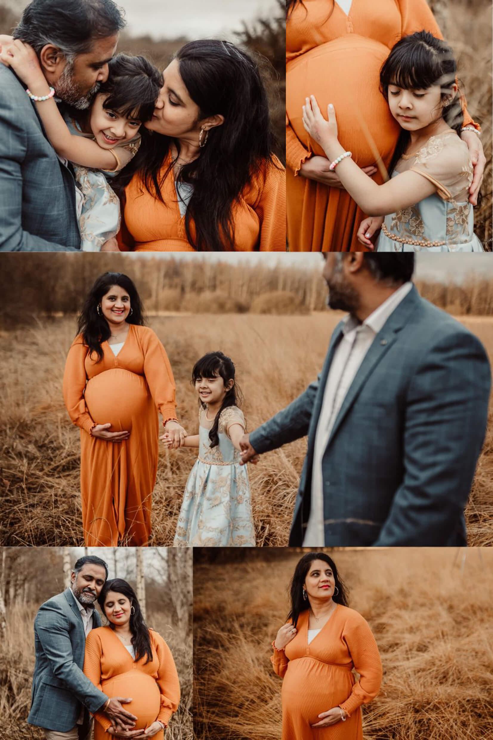 Winter family maternity photography collage in Cardowan Moss featuring expectant parents and their daughter outdoors.