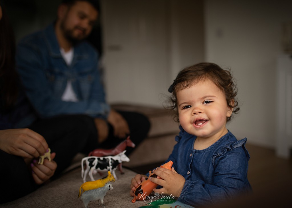 one year old baby girl in denim dress with two little teeth playing with the farm animals toys, family photoshoot at home, living room
