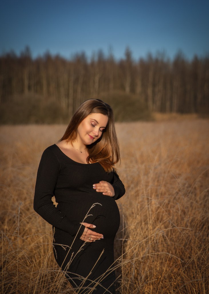 female maternity portrait in the golden our in the meadow fields, black maternity dress
