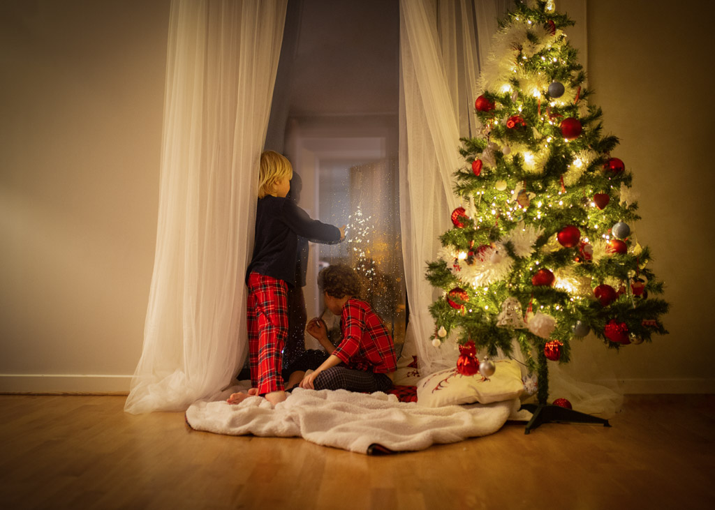 brothers look through the window with a Christmas tree next to them