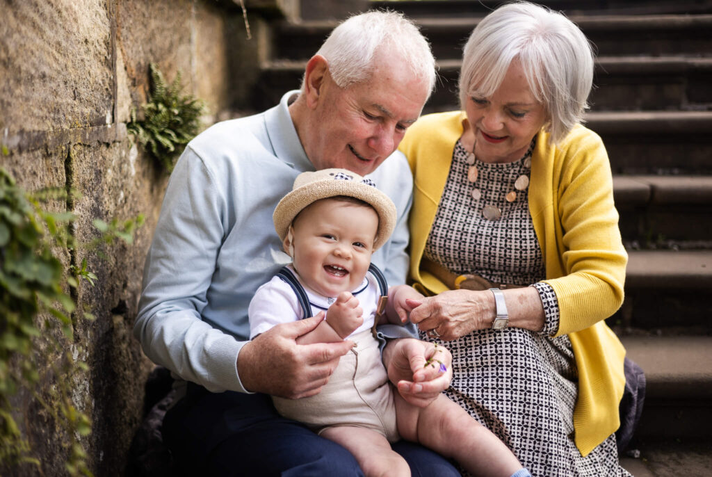 grandparents photoshoot with baby boy grandson, Glasgow, Pollok Country Park