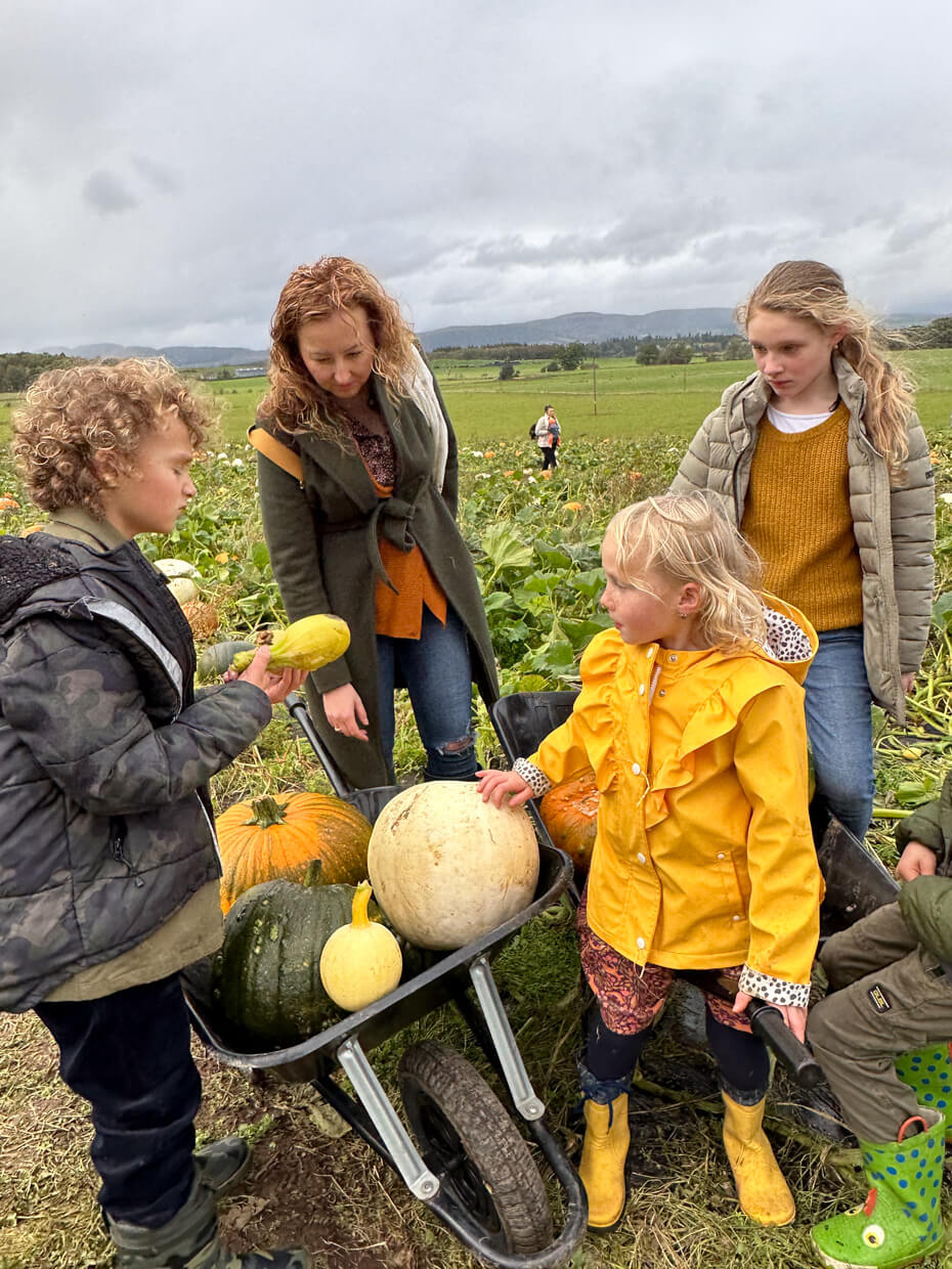 Mum and children choosing pumpkins together during an autumn pumpkin patch visit