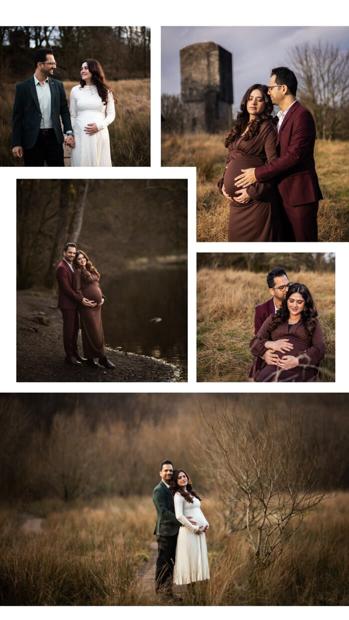 Collage of autumn maternity photos of an expectant couple by a woodland loch near Glasgow