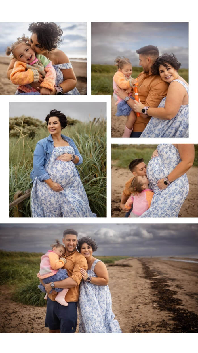 Collage of maternity photos of a pregnant mum in a floral dress with her partner and daughter on a Scottish beach
